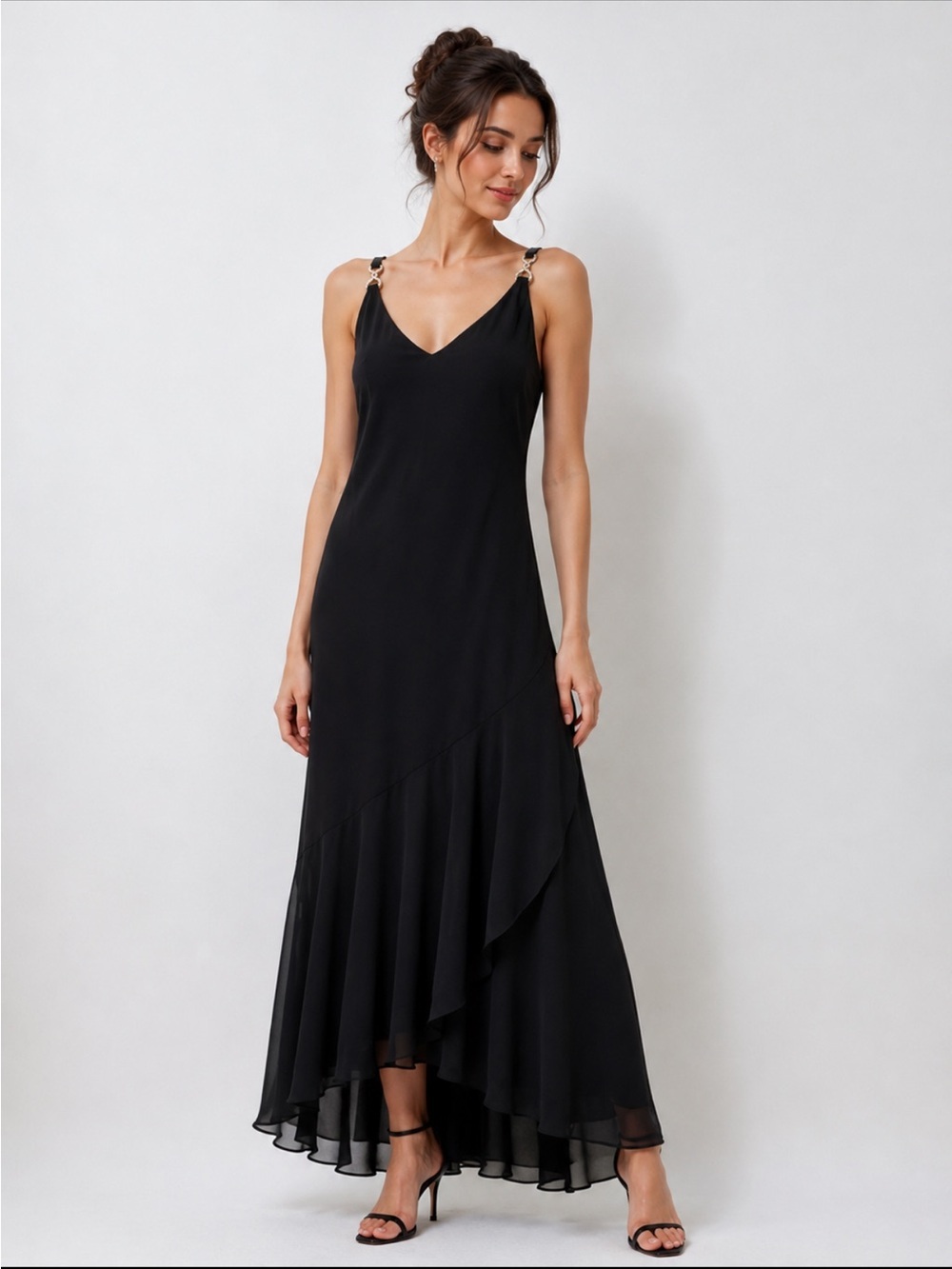 Alex Evenings  asymmetrical semi sheer ruffle hem slip style evening dress